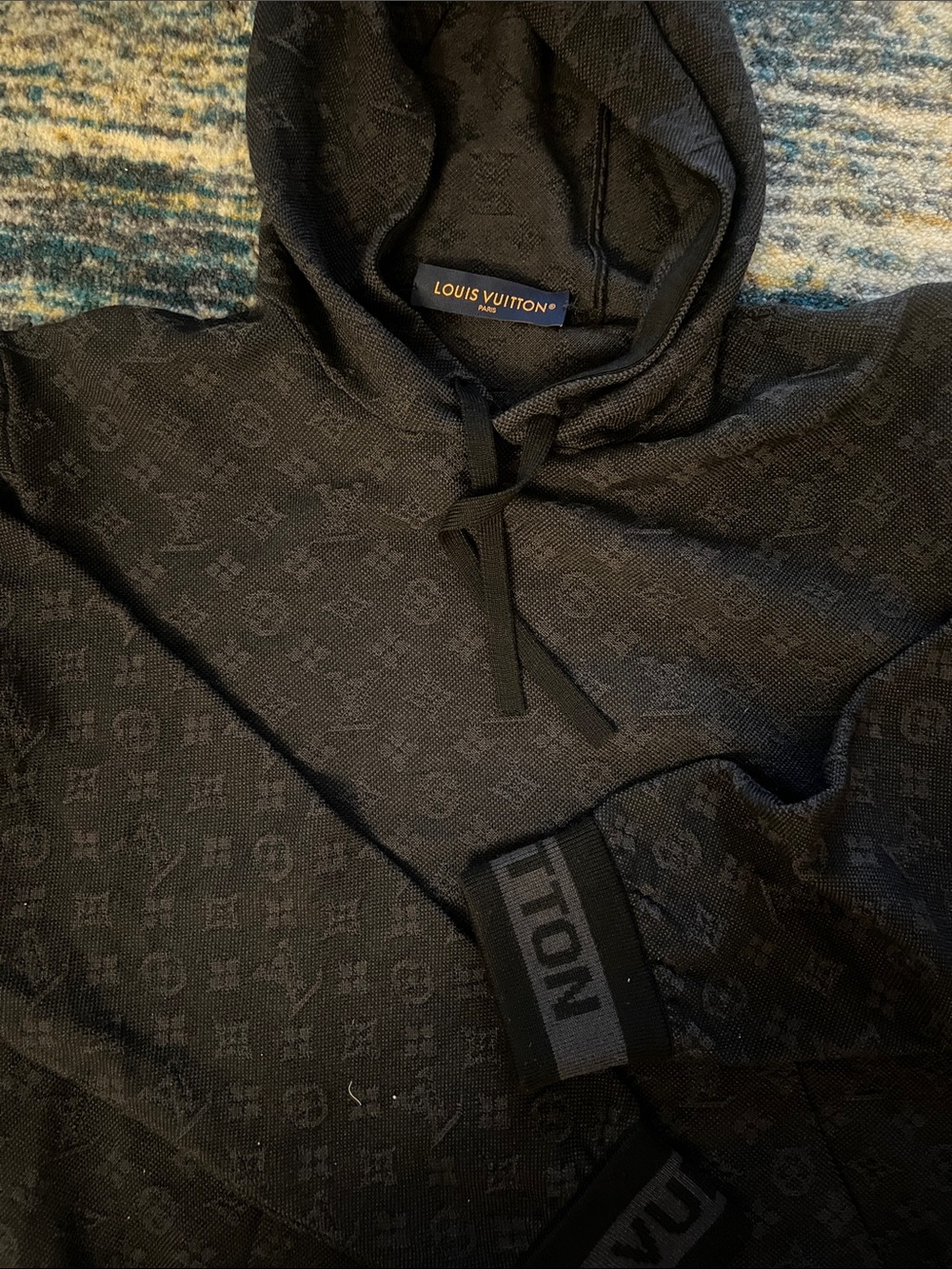 Louis Vuitton LV black/grey all-over print wool hoodie.